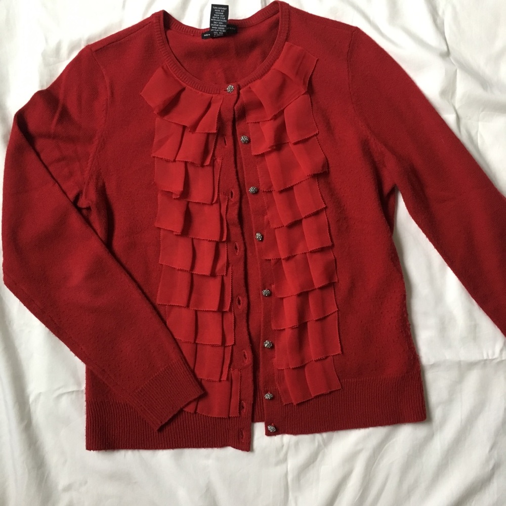 red ruffled sweater with crystal beaded buttons